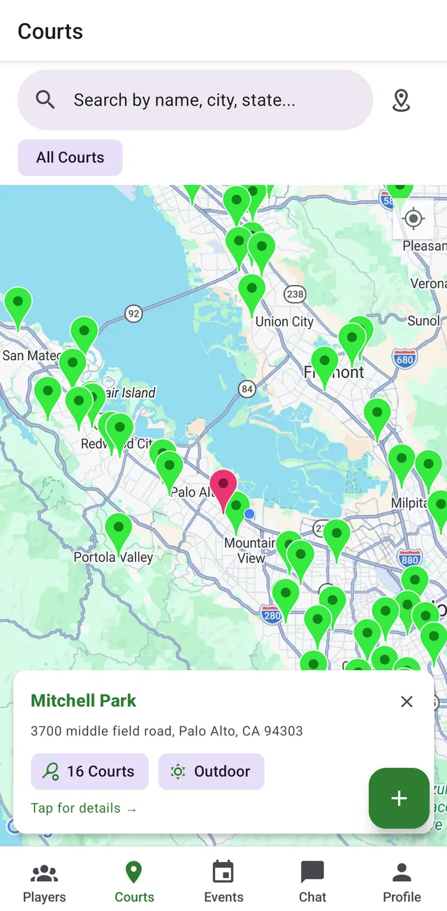 Courts map with a court selected, showing its court count and whether it is outdoor